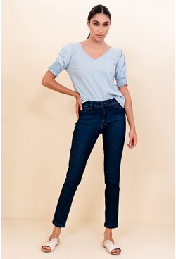 Blusa jeans com manga curta bufante e lastex mirella