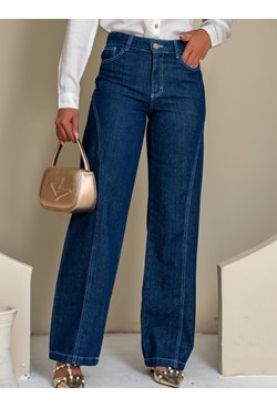 Calça reta jeans com recorte lateral