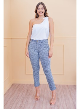 Calça skinny jeans cintura alta estampa geométrica