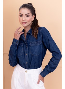 Camisa jeans com bolsos feminina