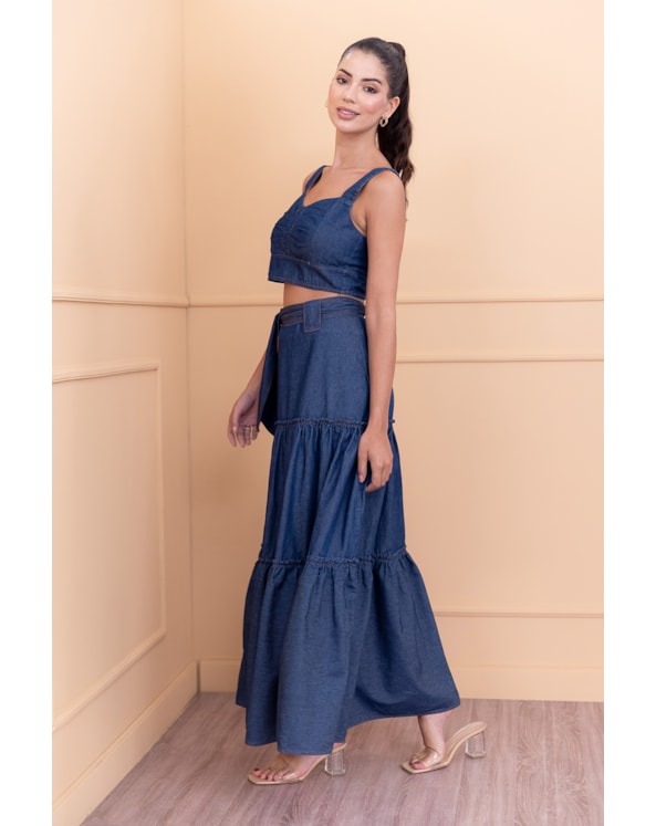 Conjunto Saia Longa e Cropped Jeans é na Sisal Jeans