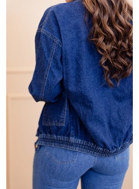 Jaqueta parka jeans com bolsos elástico na barra