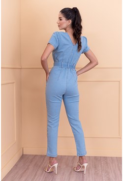 Macacão longo jeans com manga curta bufante